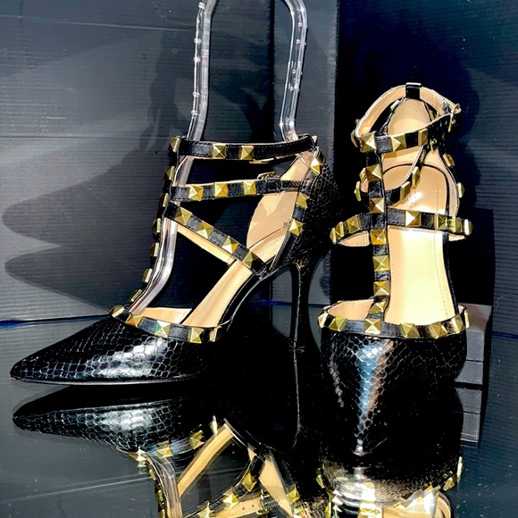 BCBGeneration Shoes - BCB Generation Black Leather Snake Skin Caged Rock Stud Heels w/ pointed toe